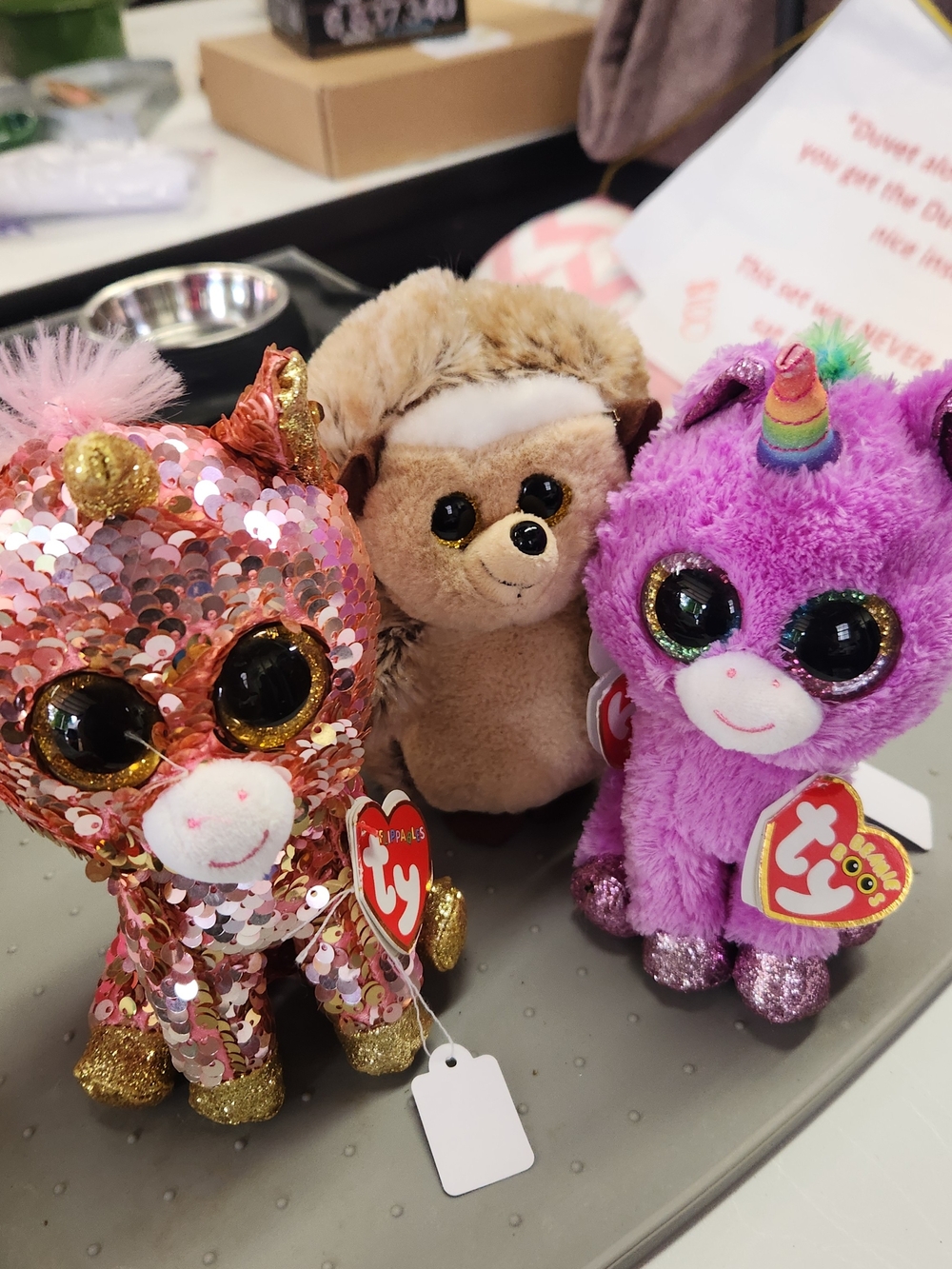 TY Beanie Boos - Sequin Unicorn, Hedgehog, Purple Unicorn, and Dinosaur